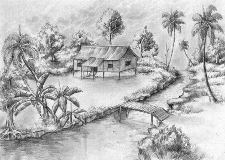 Contoh Sketsa Pemandangan Desa