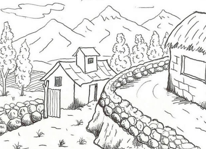 Gambar Sketsa Pemandangan Gunung Dan Rumah