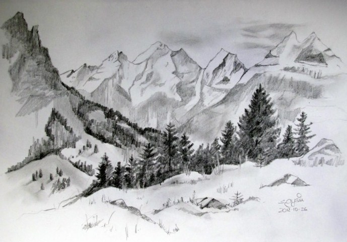 Gambar Sketsa Pemandangan Pegunungan Arsiran