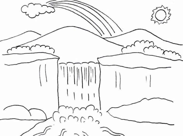 Sketsa Gambar Pemandangan Gunung Dan Air Terjun
