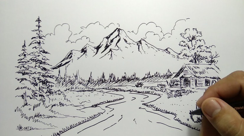 Sketsa Lukisan Pemandangan Desa