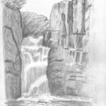 Sketsa Pemandangan Air Terjun Dengan Pensil